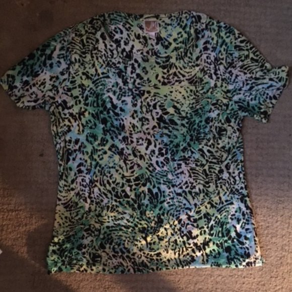 JM Collection Green Leopard Print blouse/T-shirt stretchy Petite Large - Picture 1 of 4